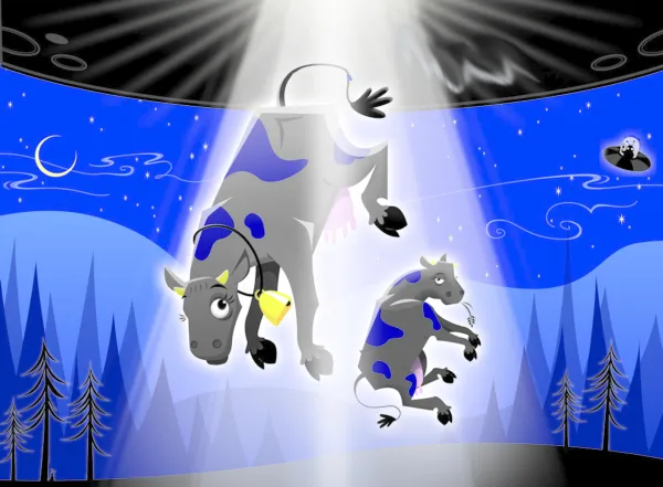 Cows being beamed up to a spaceship