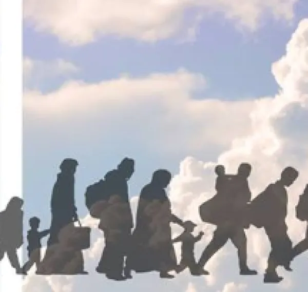 Black silhouettes of people on a walk to the right carrying backpacks and bags