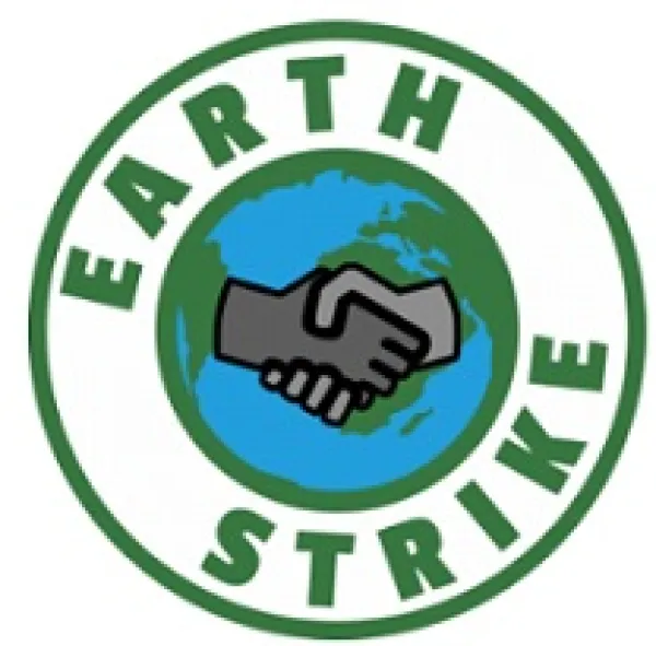 Round circle with two shaking hands in the middle over a earth and the words around it Earth Strike