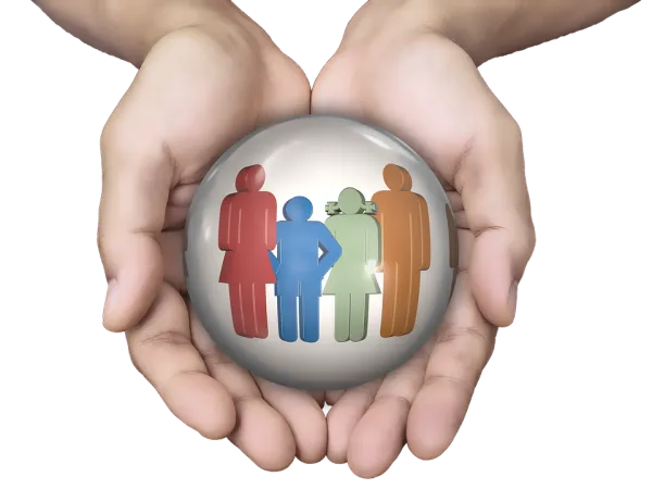 Two hands holding images of a family in a circle