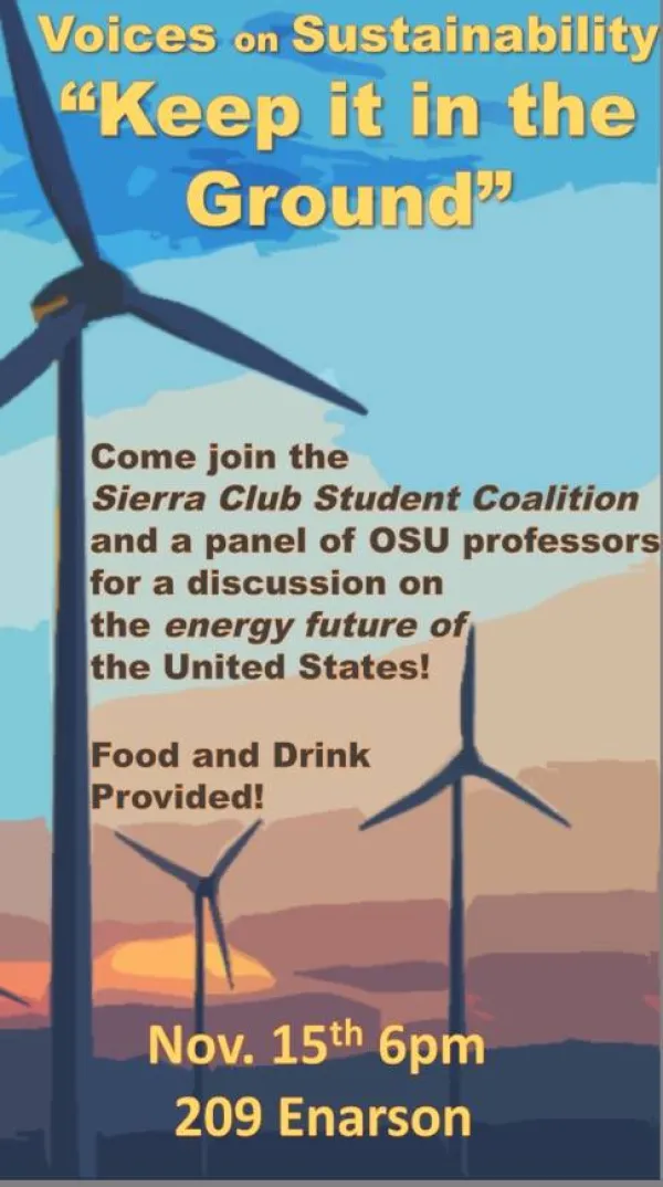 Blue background, windmill to the left, the words Keep it in the Ground in yellow at to and details in words below