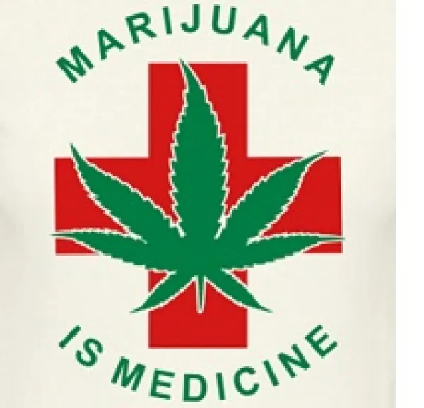 Red cross with a green marijuana leaf in front and the words Marijuana is Medicine