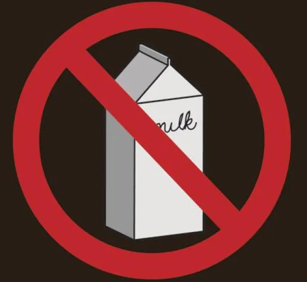 Drawing of a carton with the word milk on it and a red circle with line through it as in the "no" symbol against a black background