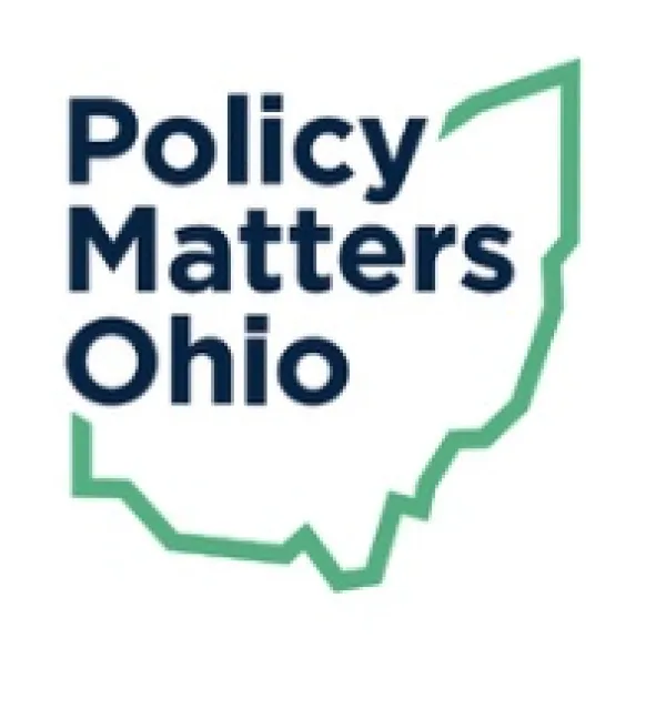 Blue words Policy matters Ohio within a frame of a green Ohio silhouette