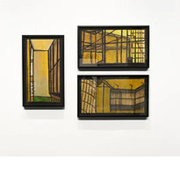 Three pictures of skeletal looking rooms