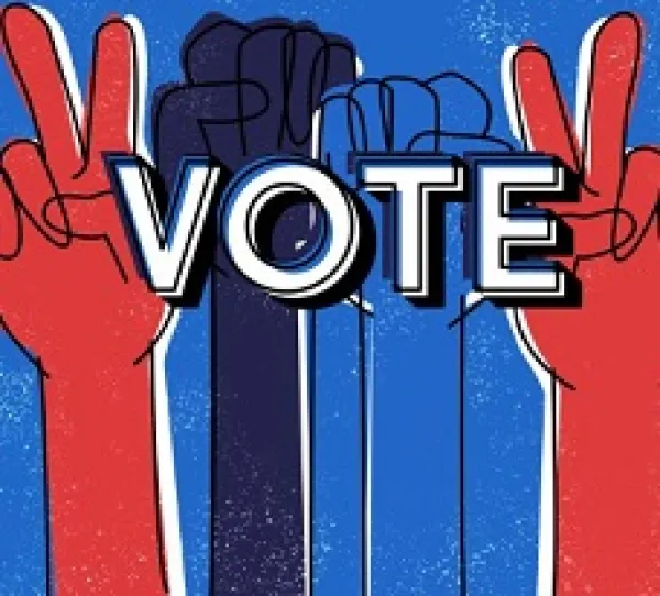 Colorful image of two fists of different colors and two hands making peace signs behind the word VOTE