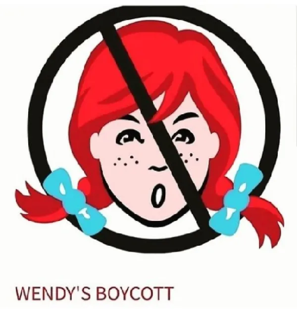 Drawing of girl's head with red pigtails with blue bows and freckles with a circle and line through it in black on top of her indicating No, and the words Wendy's Boycott