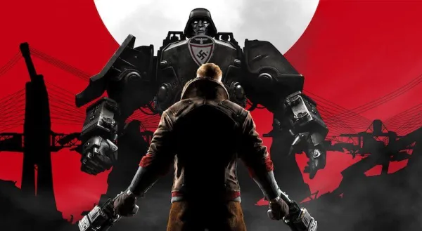 A red and white background with a superhero character all in black with his back to us and his collar up in the back holding what looks like guns in each hand and facing a transformers looking monster man
