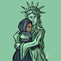Statue of Liberty hugging a small child