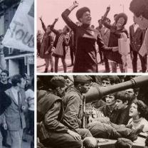 One sepia photo of black women shouting with fists in the air above a black and white photo of me surrounding what looks like a tank