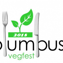 Green leaf and a fork and knife and words Columbus Vegfest