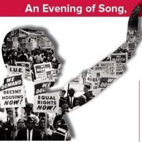 The silhouette of Martin Luther King made up of photos of civil rights rallies with the words at top that say An Evening of Song