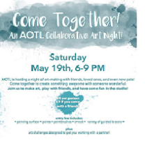 The words Come Together in white over a blue cloud at top and details about the event in blue letters against white below