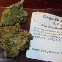 Buds of pot on  the left that look like just a ball of dirt, and a paper next to them that says Orgo Blackberry for Medical 
