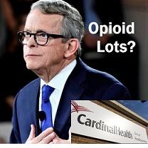 Older white man with gray hair and black rimmed glasses in a suit looking to the left and an insert at bottom right of a Cardinal Health building and the words Opioid Lots?