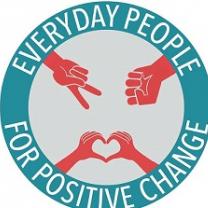 Blue circle with words Everyday People for Positive Change and the word Columbus at the bottom, red hands in the circle with peace sign, fist and making a heart