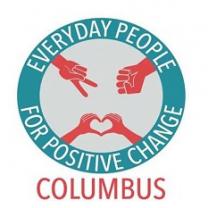 Blue circle with words Everyday People for Positive Change and the word Columbus at the bottom, red hands in the circle with peace sign, fist and making a heart