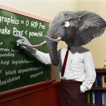 Man in a suit with a huge elephant head pointing at a green blackboard that has words about voter suppression