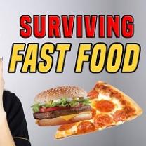 The words Surviving Fast Food and a hamburger next to a piece of pizza