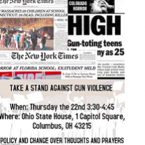 Two clips out of newspapers one with a photo of lots of kids running away from the school where the shooter was, the other talking about gun-toting teens and all the words about this event