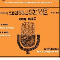 Drawing of a microphone against an orange background and words describing the event