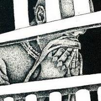 Black and white sketch of man behind bars holding hankerchief to his face