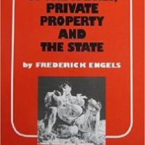 Orange book cover that says Private Property and The State by Frederick Engels and a black and white photo of something at the bottom