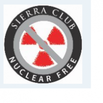 Circle logo with a radiation sign in the middle and a gray no symbol crossing over it and the words Sierra Club Nuclear Free