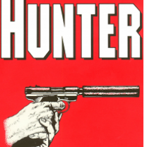 Red background, white words HUNTER at top and below a drawing of hands holding a sharpshooter type of gun