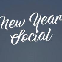 Gray background with white letters is cursive writing New Year Social
