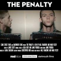 Black background with white words The Penalty and a mug shot of a white man front and side view, short hair, not looking happy
