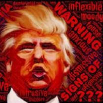 Cartoonish face of Trump with orange skin and pursed lips next to words Warning anxious dismissive inflexible and more