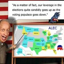 Character of man with pointing stick pointing at a map of the US on a board and the words above "As a matter of fact, our leverage in the elections quite candidly goes up as the voting populace goes down