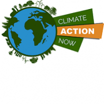 Drawing of the Earth, a round ball with blue and green to depict water and land, little houses and trees and windmills in green coming off the circle all around it and a banner that has the words climate action now