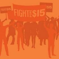 Orange drawing of lots of people standing and holding signs that say Fight for $15