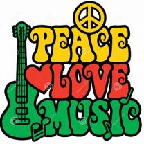 A peace sign anad guitar with the words Peace Love Music and a heart
