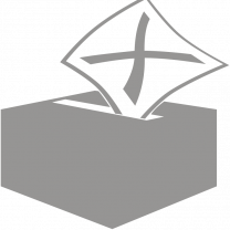 Gray rectangle box with open slot on top and piece of paper with an X on it like a ballot going inside