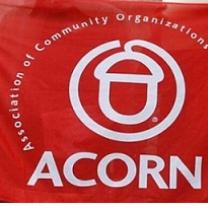 Red banner with acorn logo and words ACORN Association of Community Organizations