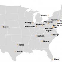 Map of US with spots where they are considering putting Amazon HQs