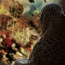 Back of woman in Islamic dress next to war scene