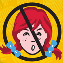 Wendy's logo of a girl's head with red hair in pigtails and freckles with a No sign - a slash through her in a circle