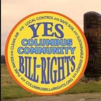Columbus Community Bill of Rights in blue on yellow circle with YES at the top