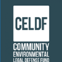 CELDF and words Community Environmental Legal Defense Fund in white letters on blue background
