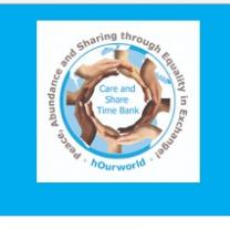 Different colored hands in a circle around the words Care and Share timebank with a blue background