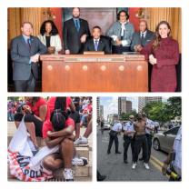 Collage of photos, City Council, a BLM protest and Activist kneeling
