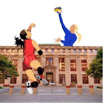 Two women playing volleyball on either side of City Hall