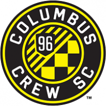 Round circle with mostly black background words Columbus Crew SC around the edges and in the middle a yellow checkered and striped symbol with a 96 on it