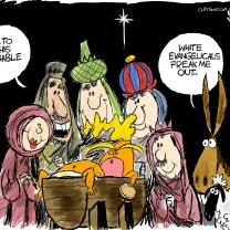 Cartoon of baby Jesus only its Trump in the manger