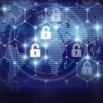 Padlocks floating in cyberspace