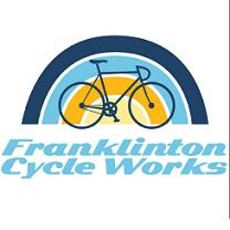 A drawing of a bike in front of a rainbow of blue colors and gold and the words Franklinton Cycleworks
